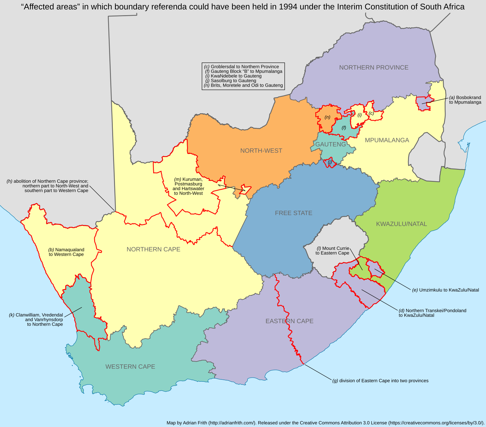 A map of South Africa, showing the provincial boundaries in 1994 and the affected areas in which referenda might have been held under the Interim Constitution.