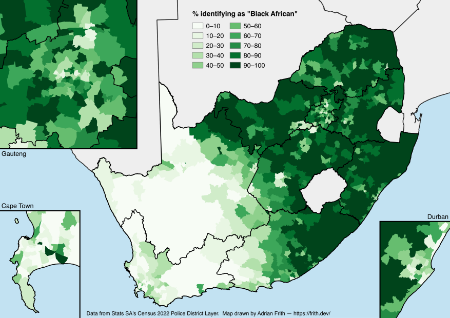 A map depicting the percentage of the population in South Africa identifying as Black African according to the 2022 Census.