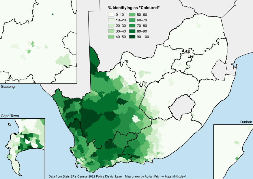 A map depicting the percentage of the population in South Africa identifying as Coloured according to the 2022 Census.