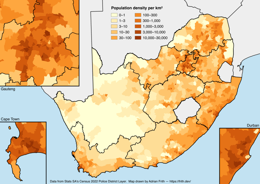 A map depicting population density in South Africa according to the 2022 Census.