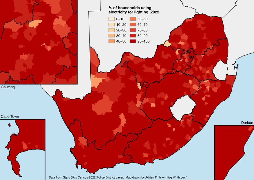 A map depicting the percentage of households in South Africa using electricity for lighting according to the 2022 Census.