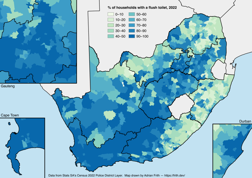 A map depicting the percentage of households in South Africa with a flush toilet according to the 2022 Census.