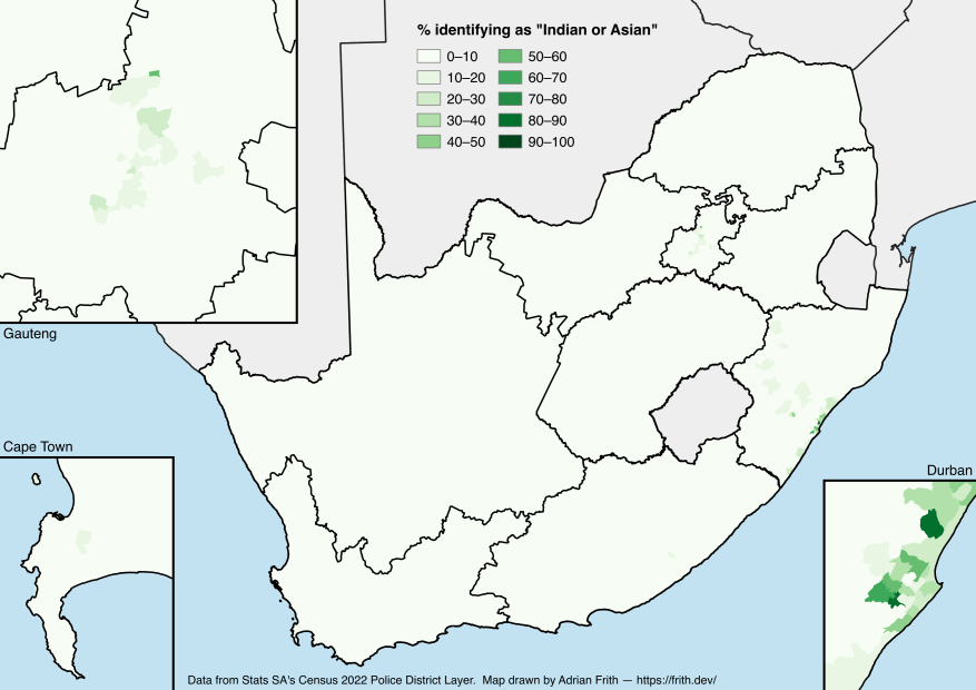 A map depicting the percentage of the population in South Africa identifying as Indian or Asian according to the 2022 Census.