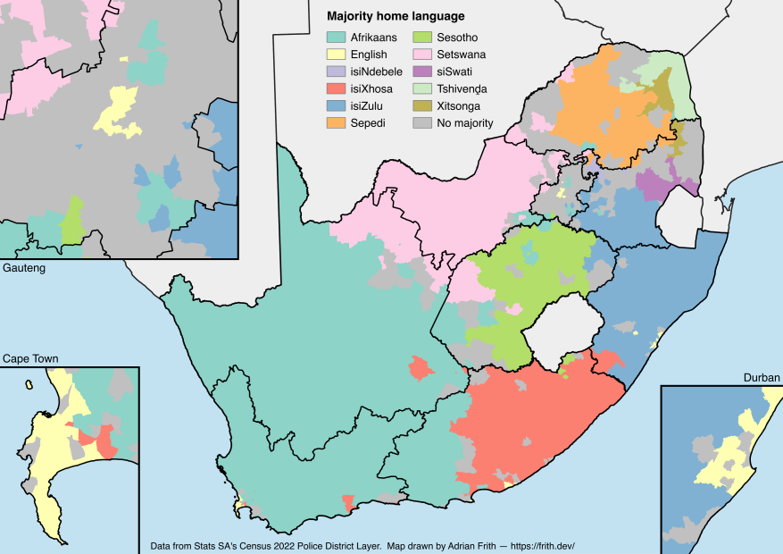 A map depicting the majority home languages in South Africa according to the 2022 Census.