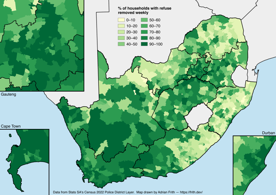 A map depicting the percentage of households in South Africa with refuse removed weekly according to the 2022 Census.