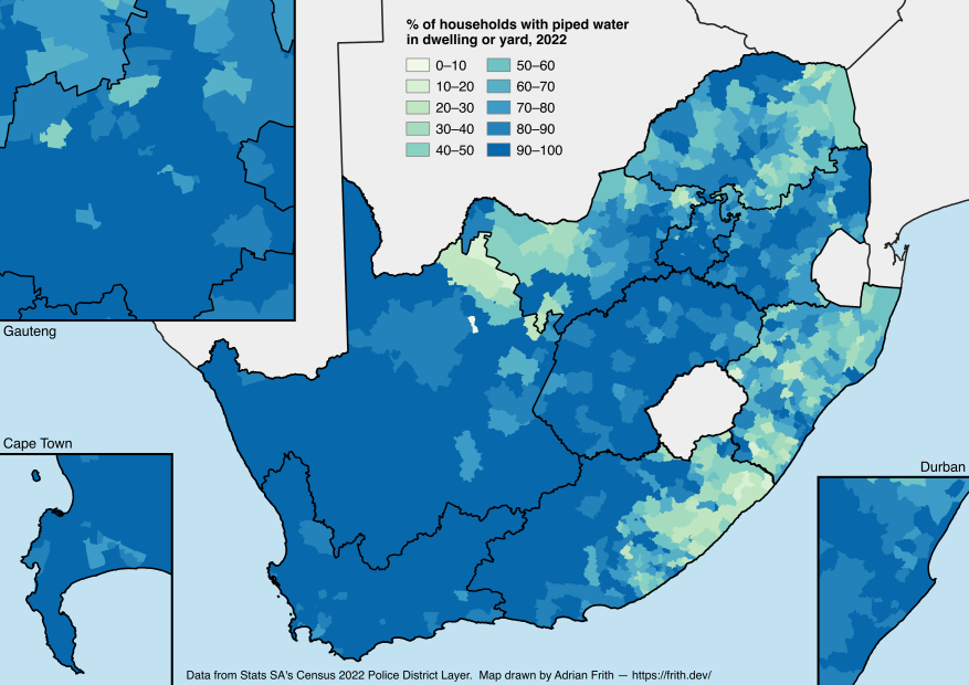 A map depicting the percentage of households in South Africa with piped water according to the 2022 Census.