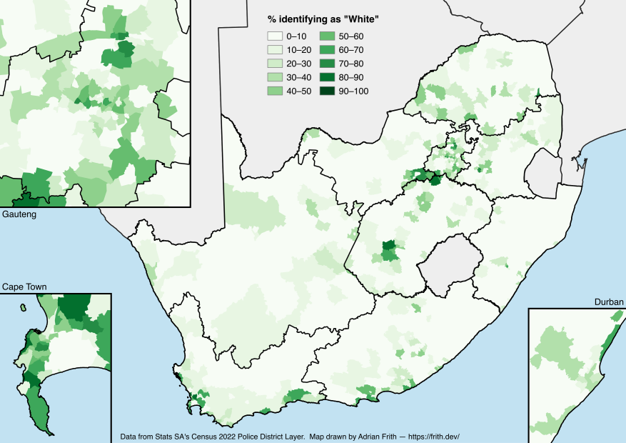 A map depicting the percentage of the population in South Africa identifying as White according to the 2022 Census.
