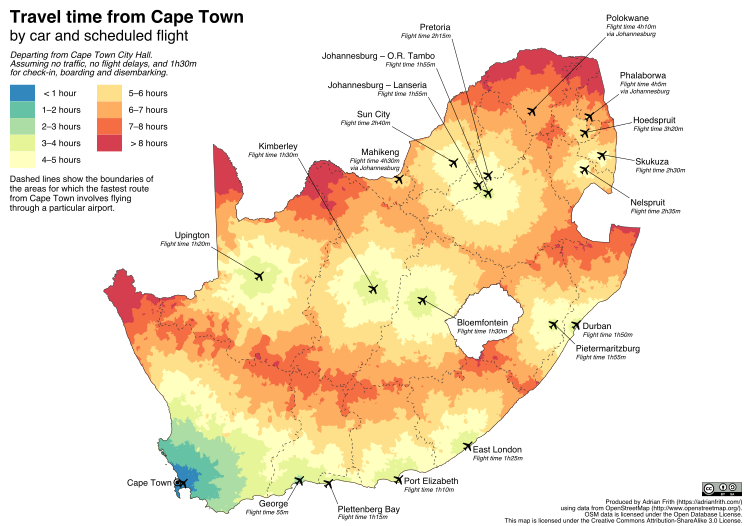 A map of South Africa, showing the travel time from Cape Townn to any point in the country.