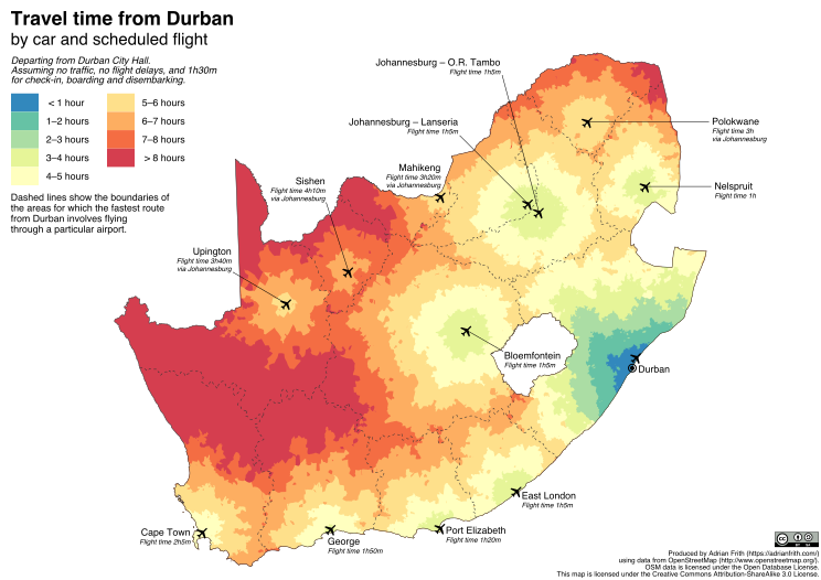 A map of South Africa, showing the travel time from Durban to any point in the country.