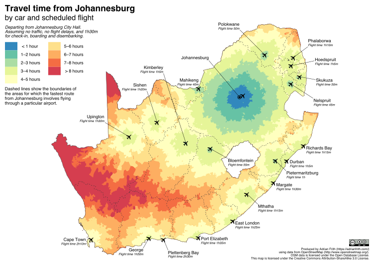 A map of South Africa, showing the travel time from Johannesburg to any point in the country.