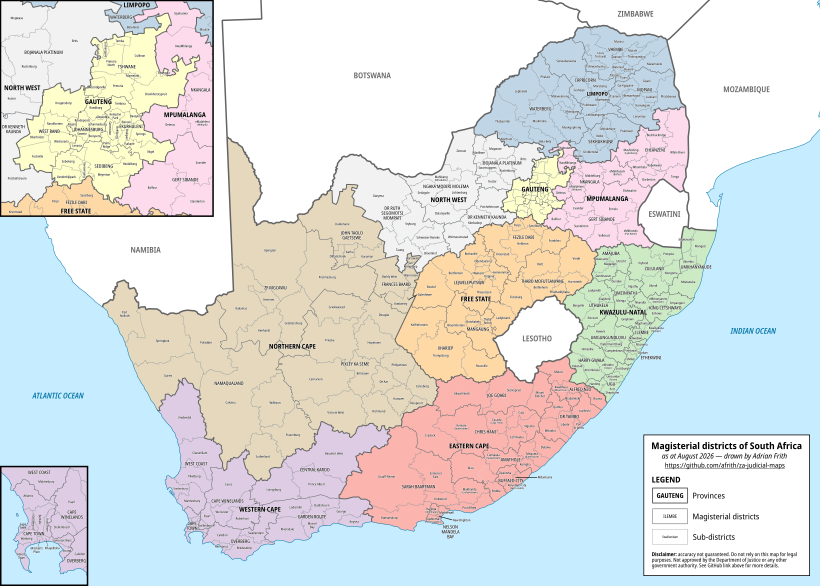 A map depicting the boundaries of magisterial districts in South Africa.