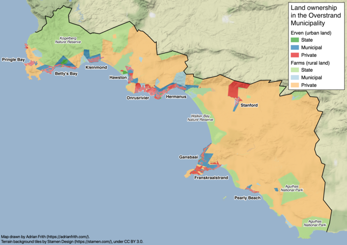 Map showing ownership of land in the Overstrand Local Municipality, distinguishing between towns and farms, and between state, municipal and private land.