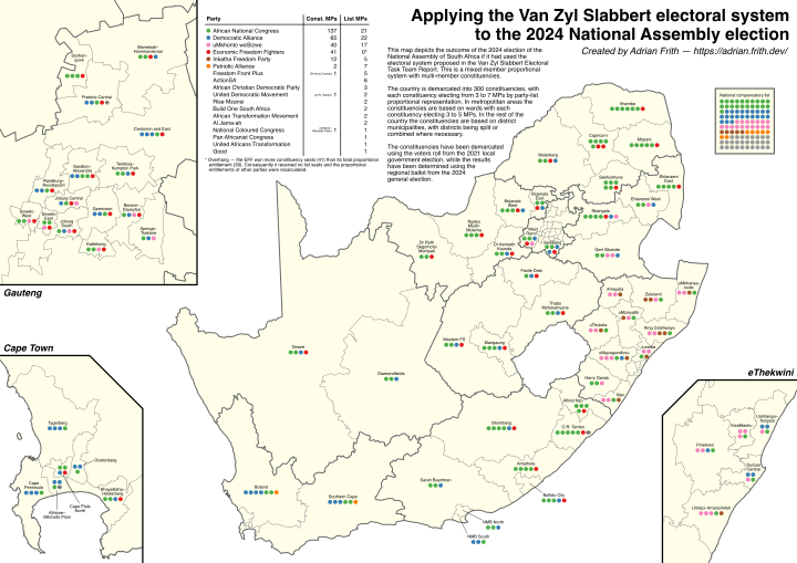 A map depicting the results of the 2024 South African general election had it been held using the Van Zyl Slabbert electoral system.