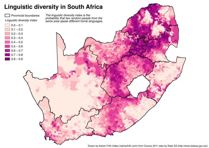 A map of South Africa showing the linguistic diversity index calculated on a 10-kilometre-wide hexagonal grid